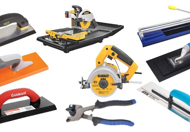 A neatly arranged set of tiling tools