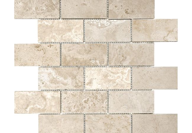 Anatolia Tile Ivory Travertine 2 x 4 Brick Mosaic Filled & Honed Natural Stone