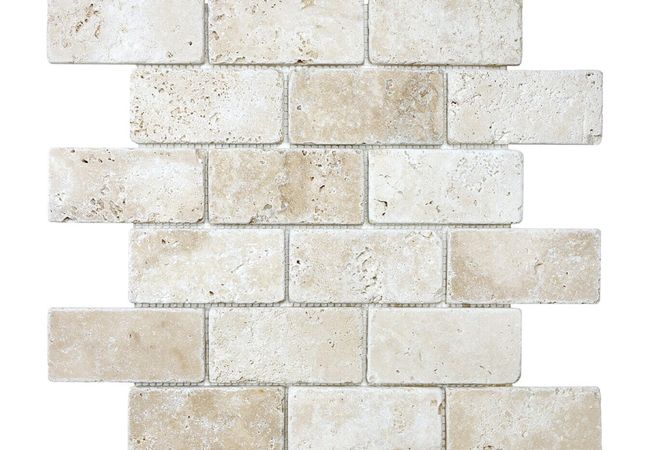 Anatolia Tile Ivory Travertine 2 x 4 Brick Mosaic Tumbled Natural Stone