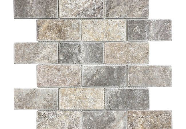 Anatolia Tile Silver Ash Travertine 2 x 4 Brick Mosaic Tumbled Natural Stone