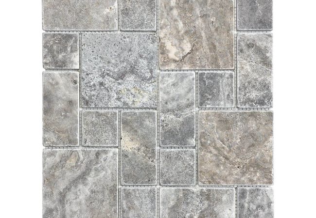 Anatolia Tile Silver Ash Travertine Roman Pattern Mosaic Tumbled Natural Stone
