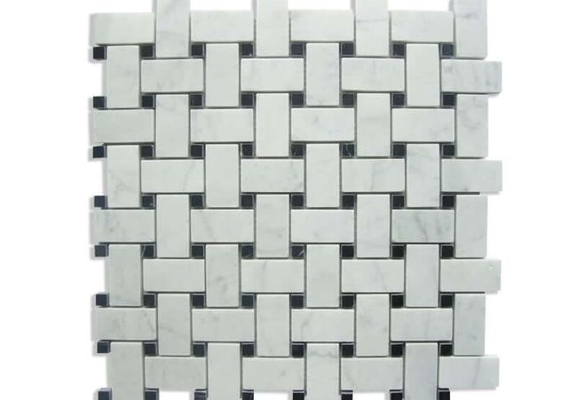 DZN 2STM001 Carrara with Black Dots Basketweave Polished Marble Mosaics