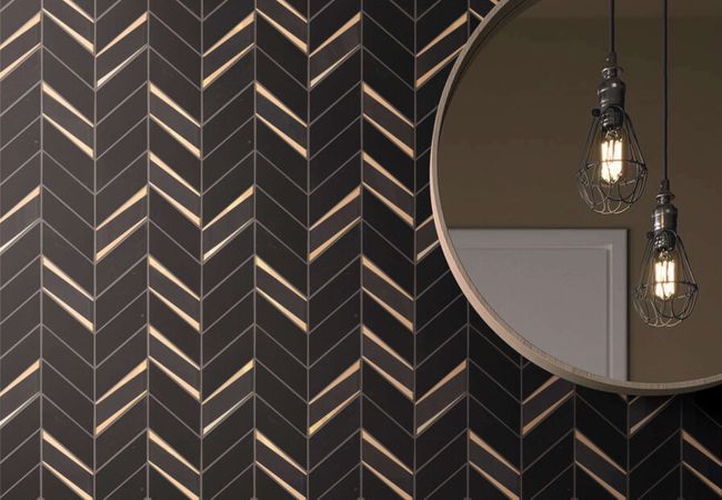 Neshada Tile Jayna Black w/Gold and Glass Chevron Mosaic