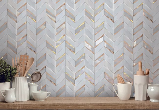 Neshada Tile Jayna White w/Gold and Glass Chevron Mosaic