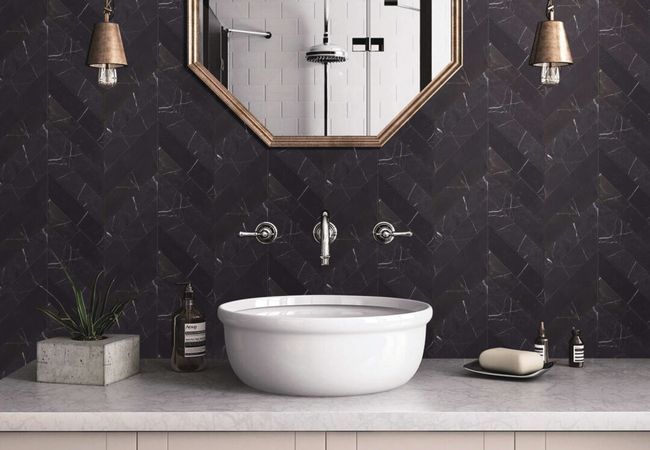 Neshada Tile Nero Marquina Chevron 2" x 8" Honed Marble Mosaic